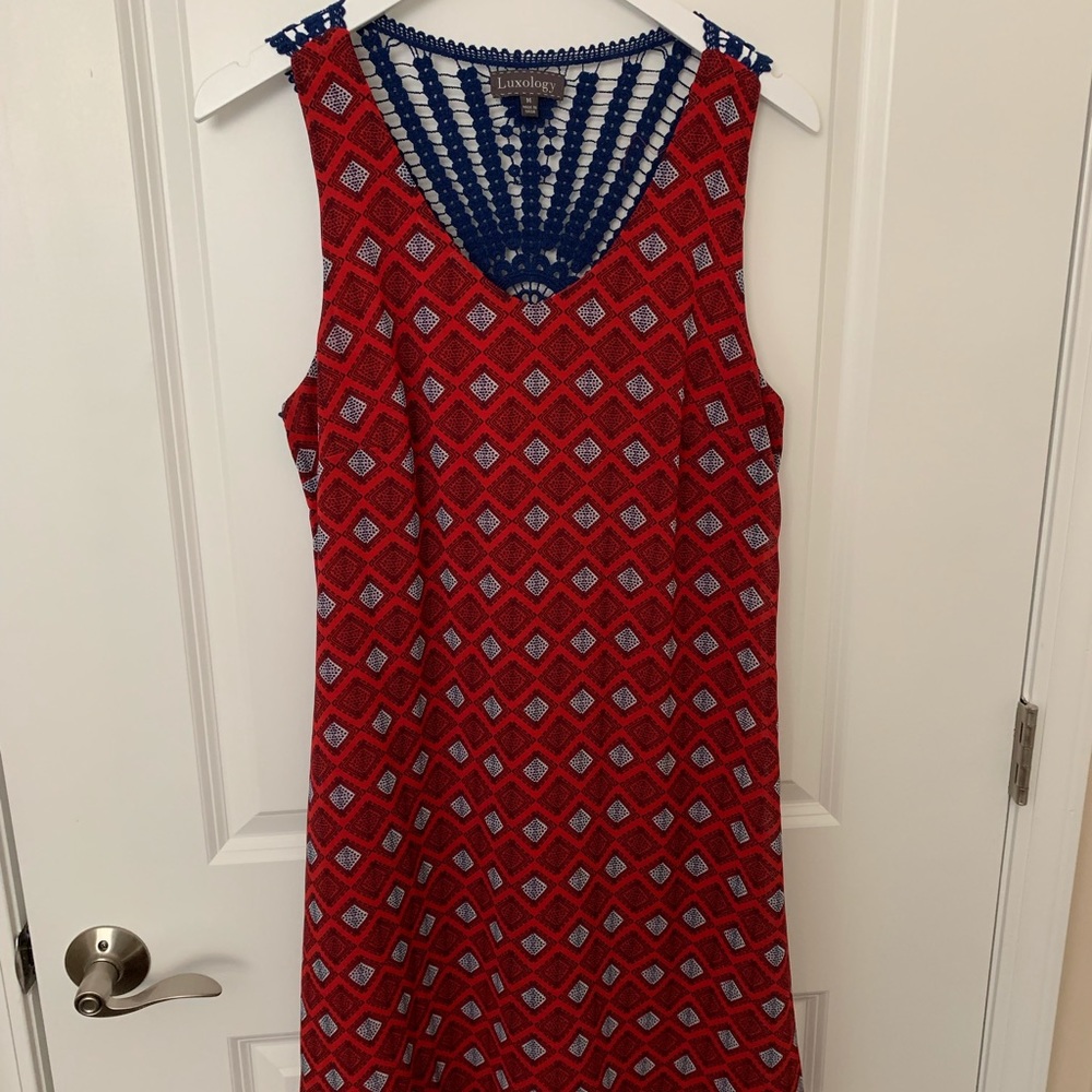 Red print sundress with cute back
